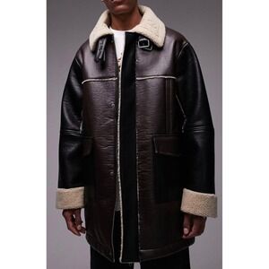 Topman Mens Brown Black Faux Leather Shearling Aviator Jacket Car Coat Large NEW